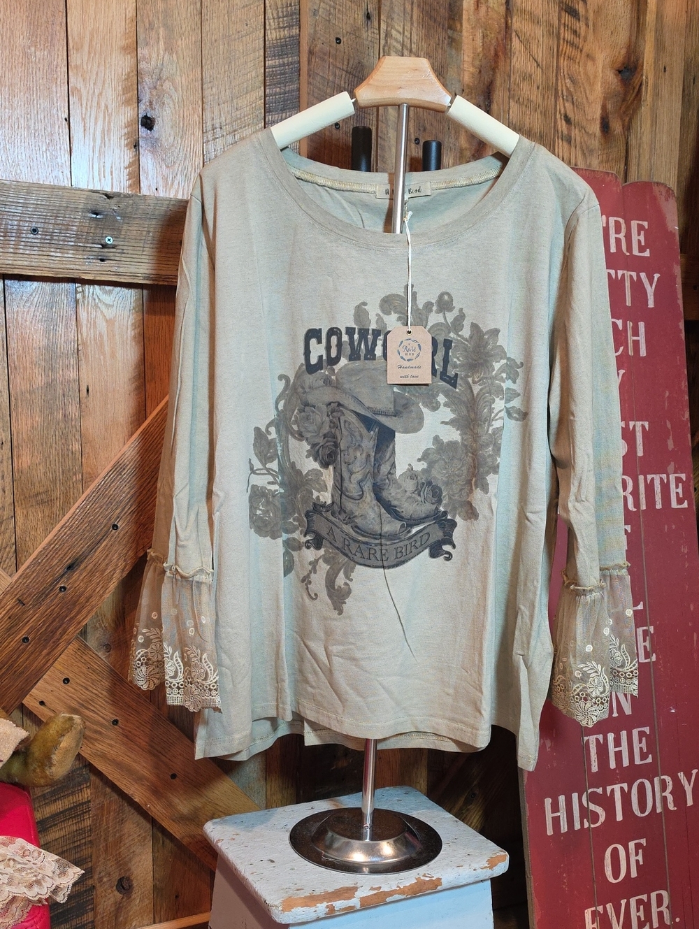 197p A Rare Bird Cowgirl Graphic Bell-Sleeve Long Sleeve Top - Sage